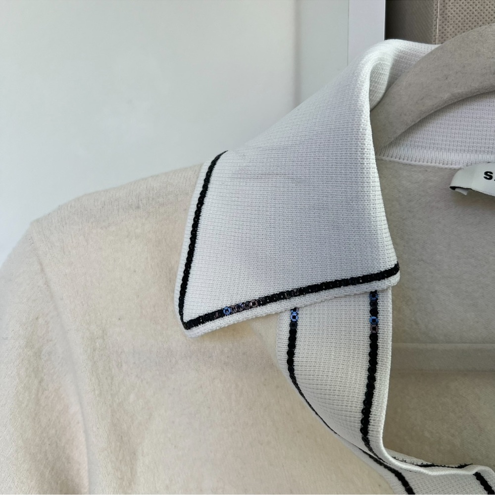 Sandro Alizia V Neck Collared Wool & Cashmere Sweater in Cream and White - Picture 7 of 10